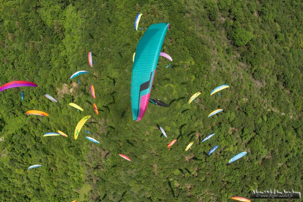 Vue aérienne d'un rassemblement de parapentes situés au dessus d'une forêt