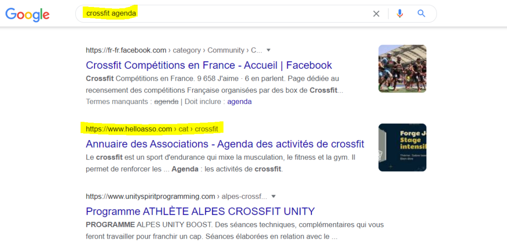 capture d'écran d'une page de résultats sur google